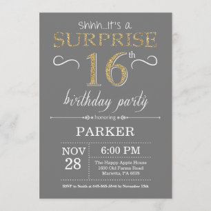 Surprise 16e anniversaire Invitation Grey and Gold