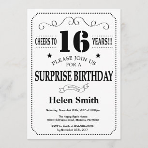 Surprise 16e anniversaire Invitation noir et blanc