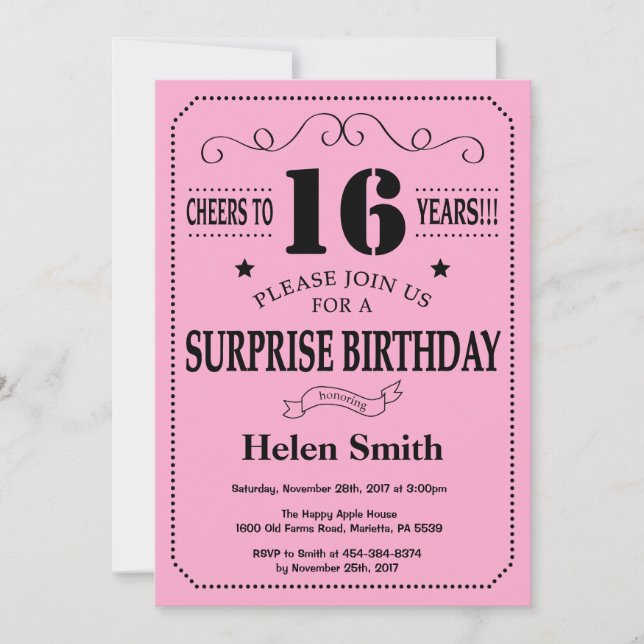 Surprise 16e anniversaire Invitation noir et rose (Devant)