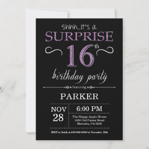 Surprise 16e anniversaire Invitation noir et viole