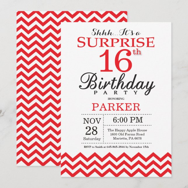 Surprise 16e anniversaire Invitation Red Chevron (Devant / Derrière)