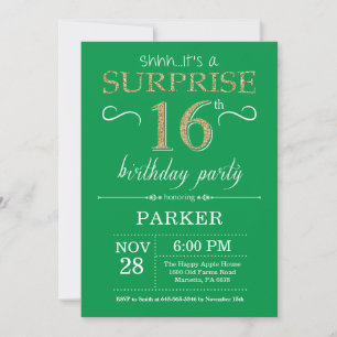 Surprise 16e anniversaire Invitation Vert et Or
