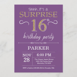 Surprise 16e anniversaire Invitation violet et or
