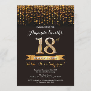 Surprise 18e anniversaire Invitation Black and Gol