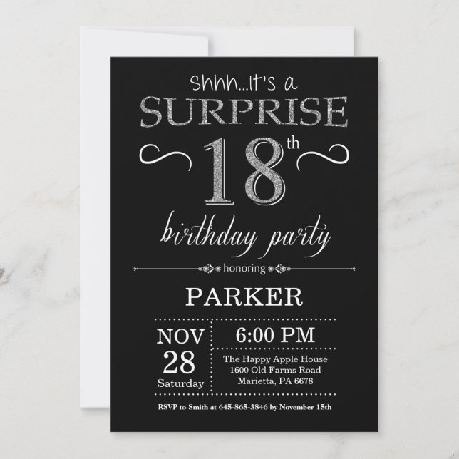 Surprise 18e anniversaire Invitation Black and Sil (Devant)