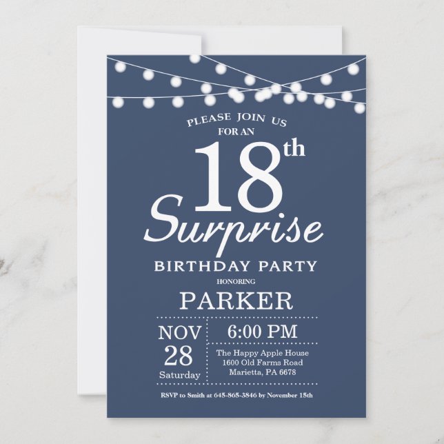 Surprise 18e anniversaire Invitation Bleu (Devant)