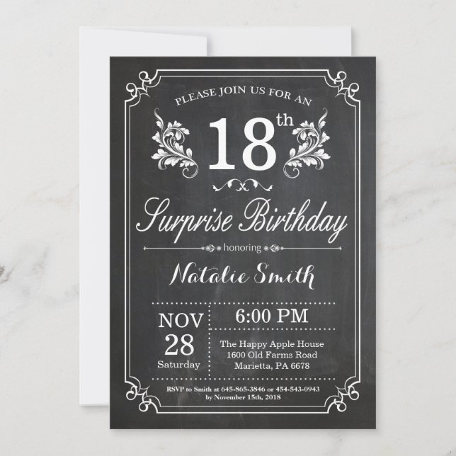 Surprise 18e anniversaire Invitation Chalkboard (Devant)
