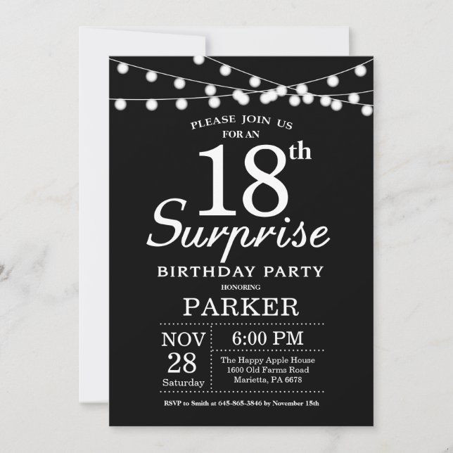 Surprise 18e anniversaire Invitation noir et blanc (Devant)