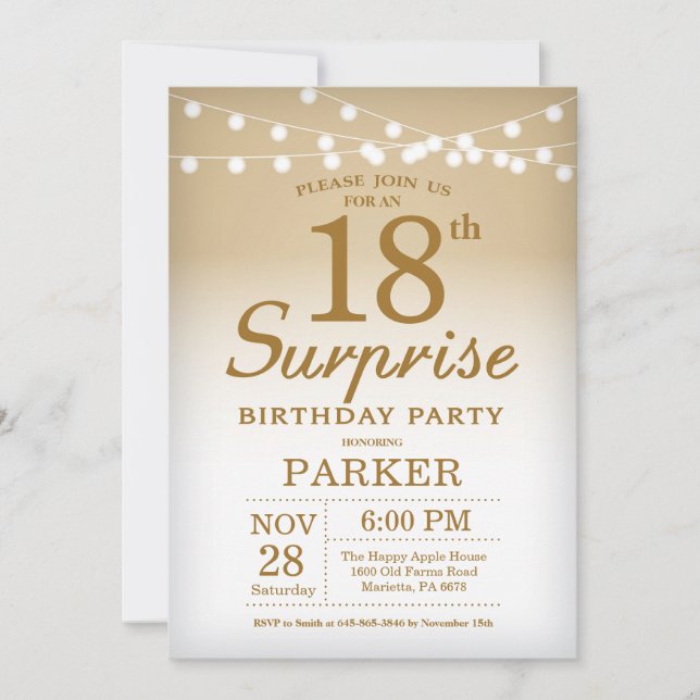 Surprise 18e anniversaire Invitation Or (Devant)