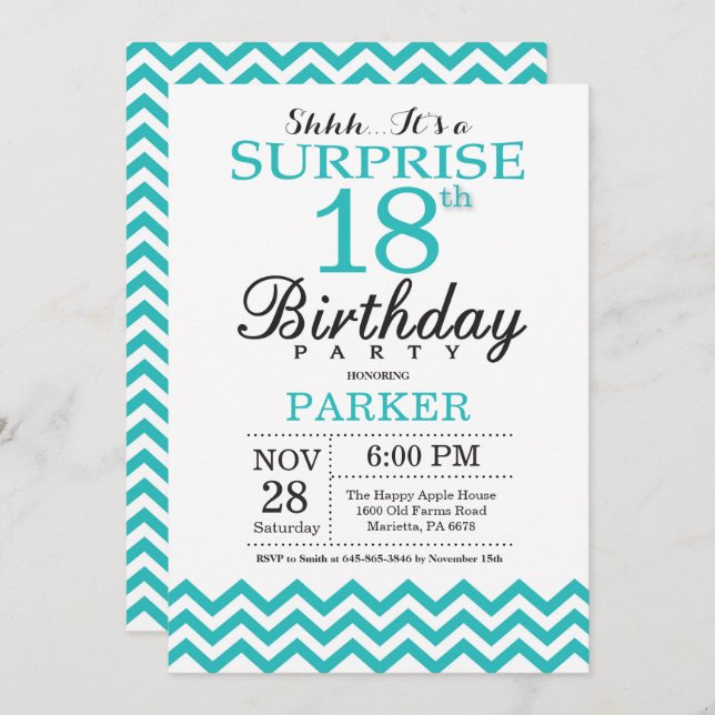 Surprise 18e anniversaire Invitation Turquoise Che (Devant / Derrière)
