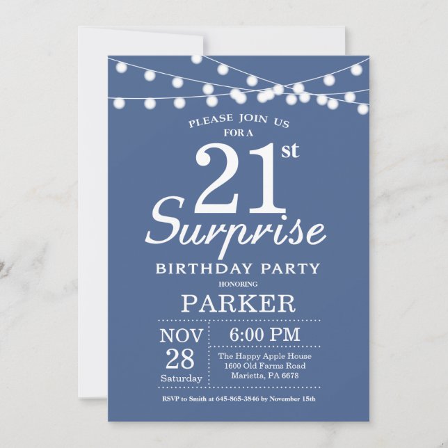 Surprise 21e anniversaire Invitation Bleu (Devant)