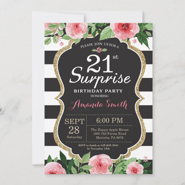 Surprise 21e anniversaire Invitation Femmes. Flora (Devant)