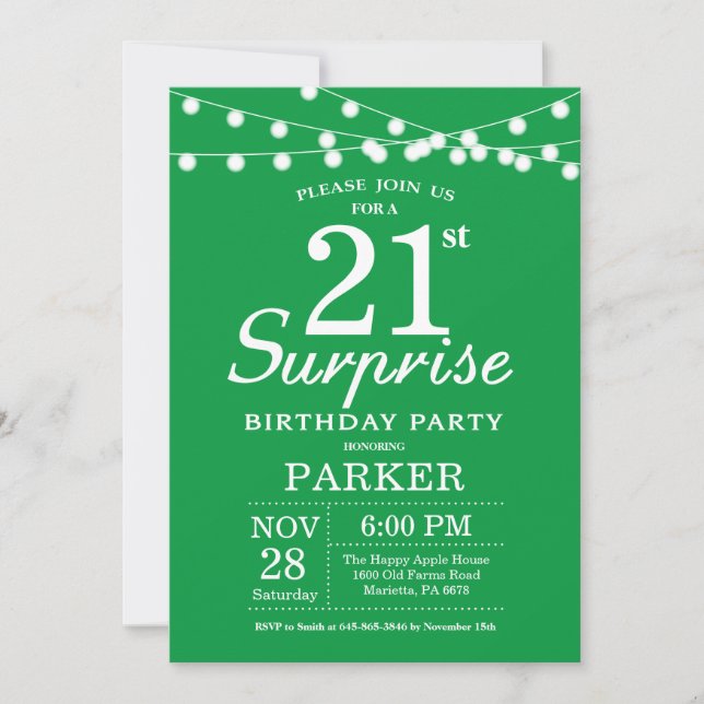 Surprise 21e anniversaire Invitation Green (Devant)