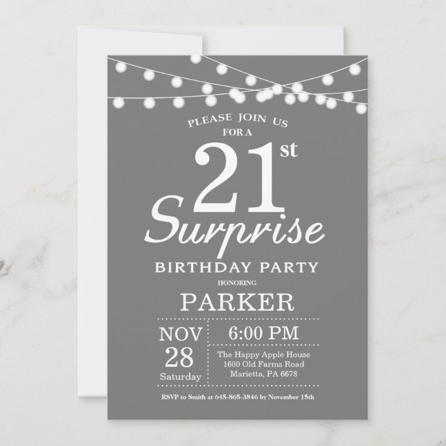 Surprise 21e anniversaire Invitation Gris et blanc (Devant)