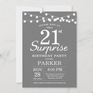 Surprise 21e anniversaire Invitation Gris et blanc