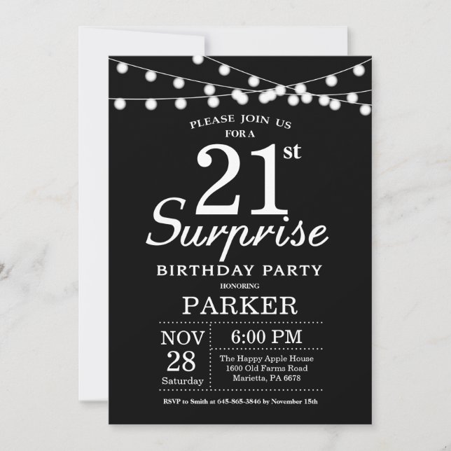 Surprise 21e anniversaire Invitation noir et blanc (Devant)