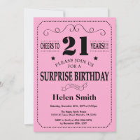 Surprise 21e anniversaire Invitation noir et rose