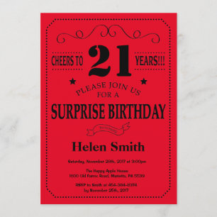 Surprise 21e anniversaire Invitation Noir et Rouge