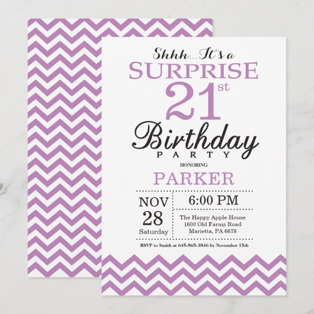 Surprise 21e anniversaire Invitation Purple Chevro (Devant / Derrière)