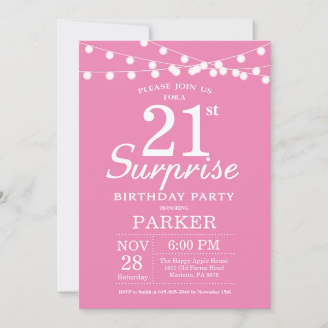 Surprise 21e anniversaire Invitation rose (Devant)