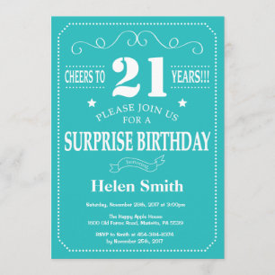 Surprise 21e anniversaire Invitation Turquoise et 