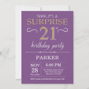 Surprise 21e anniversaire Invitation violet et or