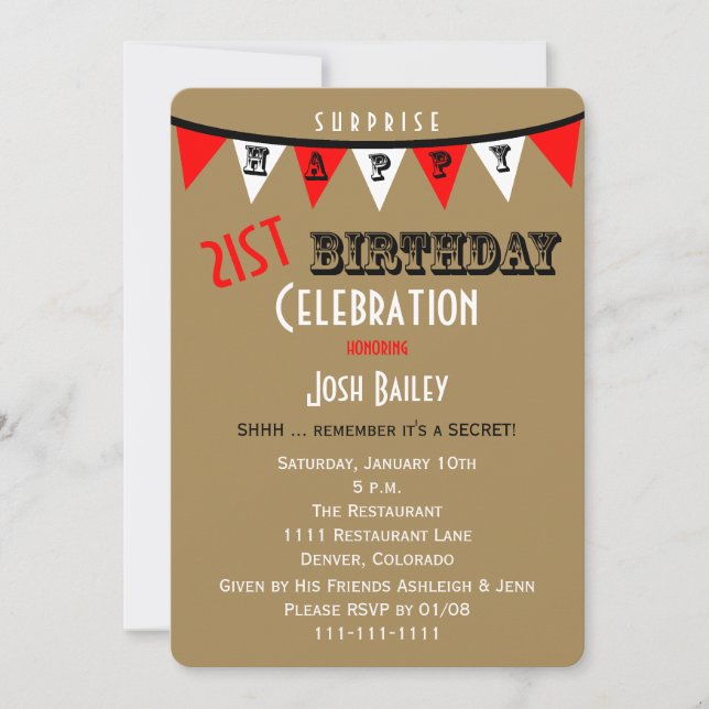 Surprise 21e anniversaire Invitations de fête Bunt (Devant)