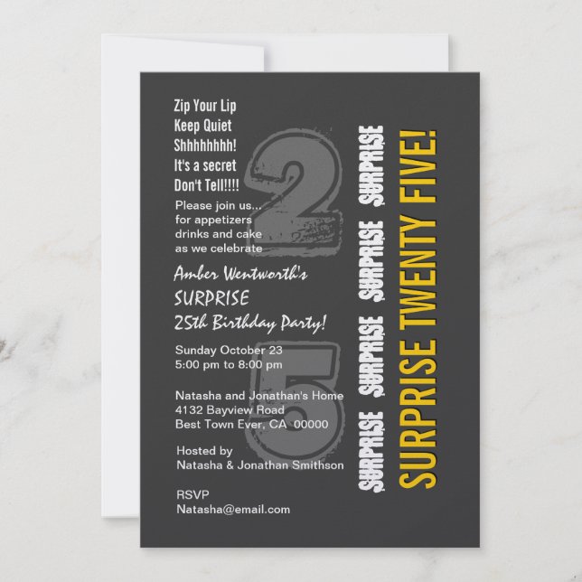 SURPRISE 25. Modern Birthday Gray und Gold Einladung (Vorderseite)