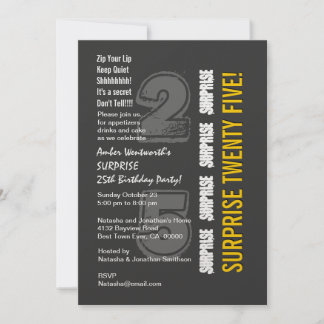 SURPRISE 25. Modern Birthday Gray und Gold Einladung