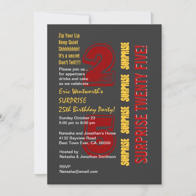 SURPRISE 25. Modern Birthday Red Gold Gray Einladung (Vorderseite)