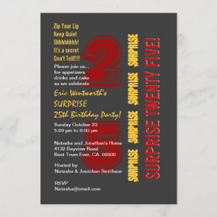 SURPRISE 25. Modern Birthday Red Gold Gray Einladung