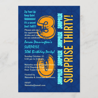 SURPRISE 30. Geburtstag Modernes Blau und Gold F54 Einladung