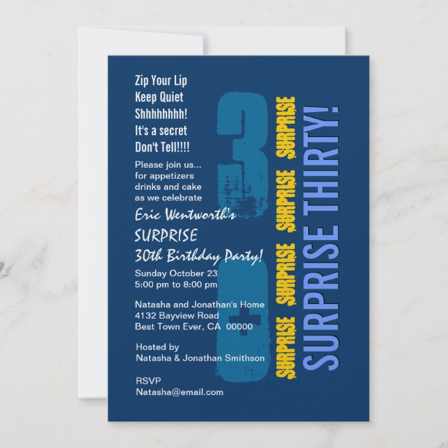 SURPRISE 30. Modern Birthday Blue Gold Template Einladung (Vorderseite)