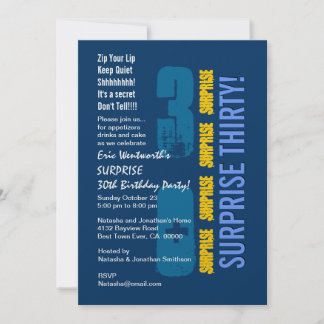SURPRISE 30. Modern Birthday Blue Gold Template Einladung