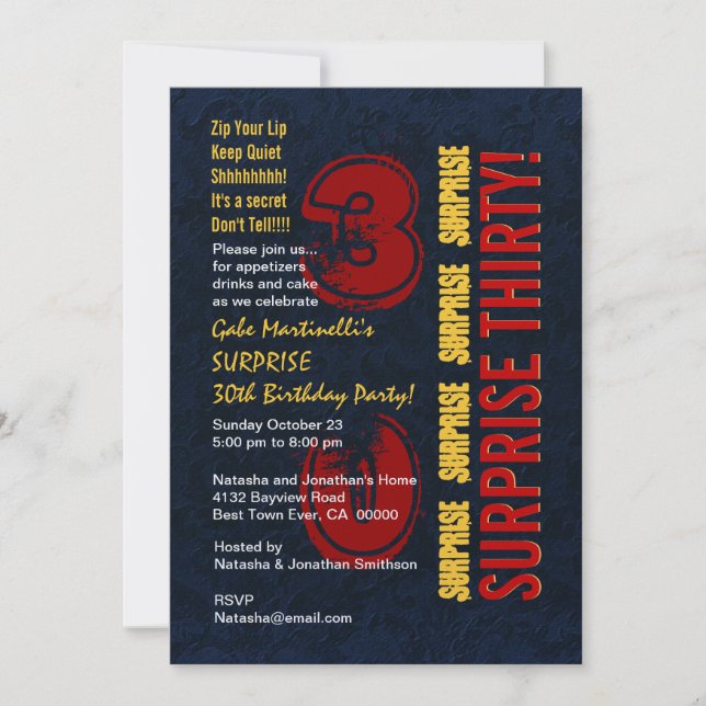 SURPRISE 30. Modern Birthday Red Gold Blue W610 Einladung (Vorderseite)