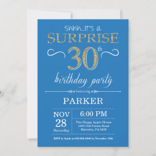 Surprise 30e anniversaire Invitation Bleu et or
