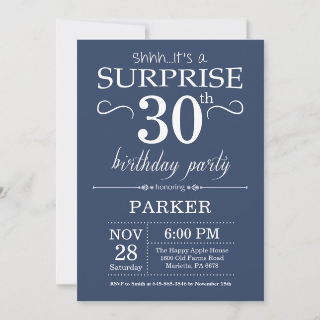 Surprise 30e anniversaire Invitation Blue (Devant)