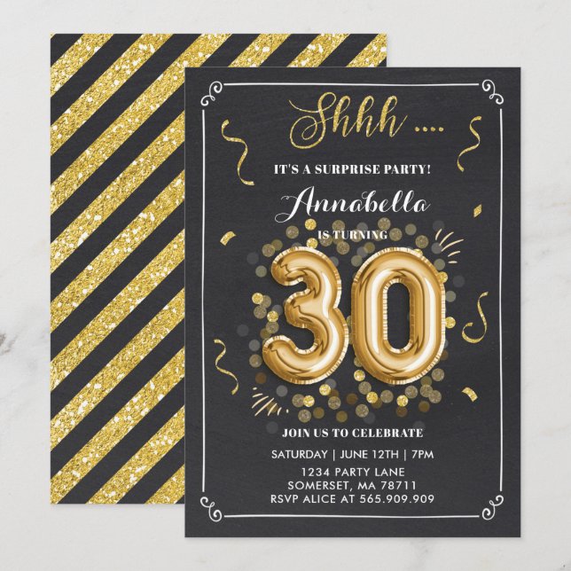 Surprise 30e anniversaire Invitation Gold Chalkboa (Devant / Derrière)