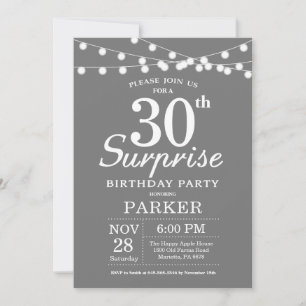Surprise 30e anniversaire Invitation Gris et blanc