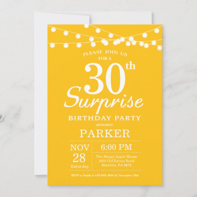 Surprise 30e anniversaire Invitation Jaune (Devant)