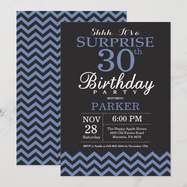 Surprise 30e anniversaire Invitation noir et bleu (Devant / Derrière)