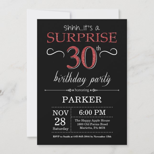 Surprise 30e anniversaire Invitation Noir et Rouge (Devant)