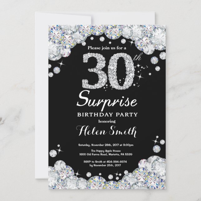 Surprise 30e anniversaire Invitation Silver Diamon (Devant)