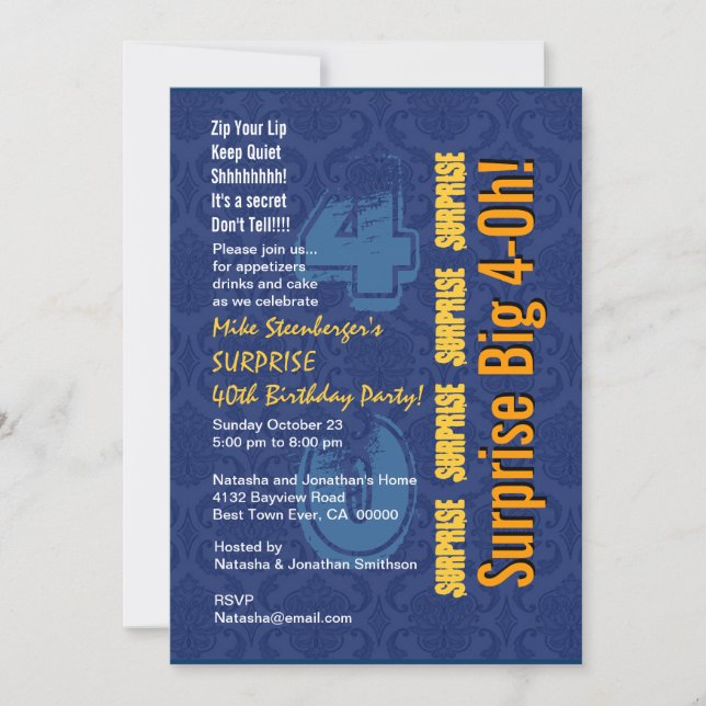 SURPRISE 40. Modern Birthday Blue and Gold R431 Einladung (Vorderseite)