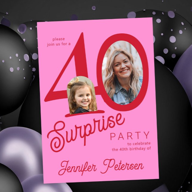 Surprise 40 modern red pink 2 photo 40th birthday  einladung (Von Creator hochgeladen)