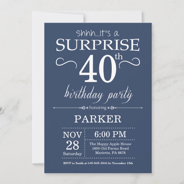 Surprise 40e anniversaire Invitation Bleu (Devant)