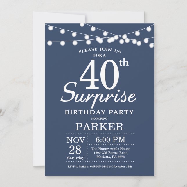 Surprise 40e anniversaire Invitation Bleu (Devant)
