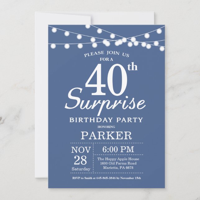 Surprise 40e anniversaire Invitation Bleu (Devant)