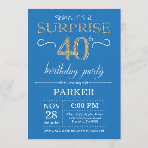 Surprise 40e anniversaire Invitation Bleu et or
