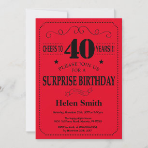 Surprise 40e anniversaire Invitation Noir et Rouge